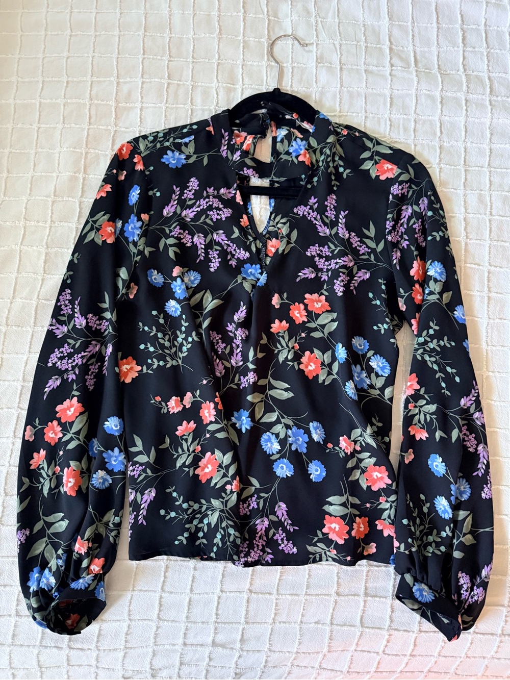 Lush Black Floral Tie-Neck Blouse with Pink & Blue Flowers